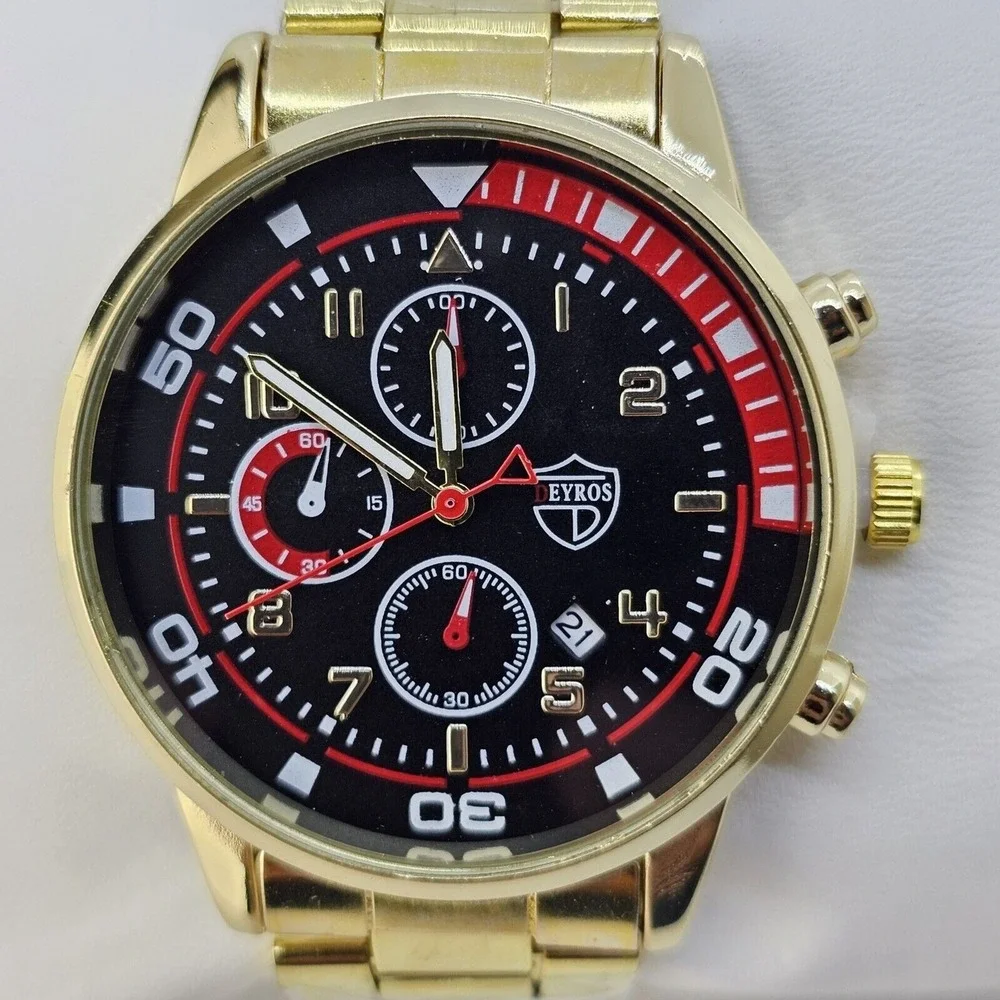 3PC Men's Watch Bracelet Necklace Set 41MM Black Dial Date Gold Bracelet Band 7